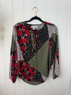 Libby Edelman Long Sleeve Patchwork  Tie Front Oversized Top Size XS Cottagecore